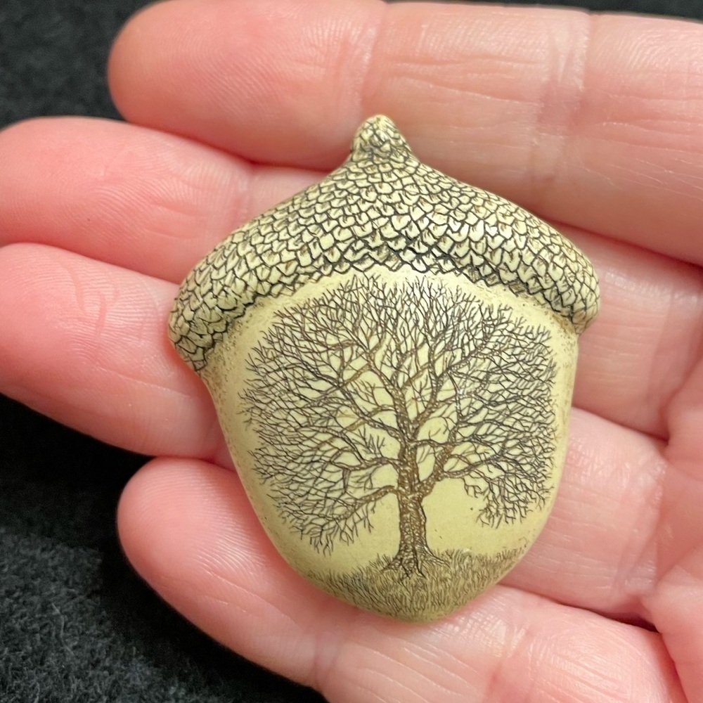 R.H. Rachel Badeau Scrimshaw Tree of Life on Acorn Pin Brooch 1996 VTG Signed